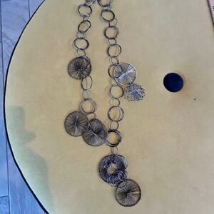 Unique 70s artisan-crafted gunmetal interlocked wire circles necklace 21" Boho